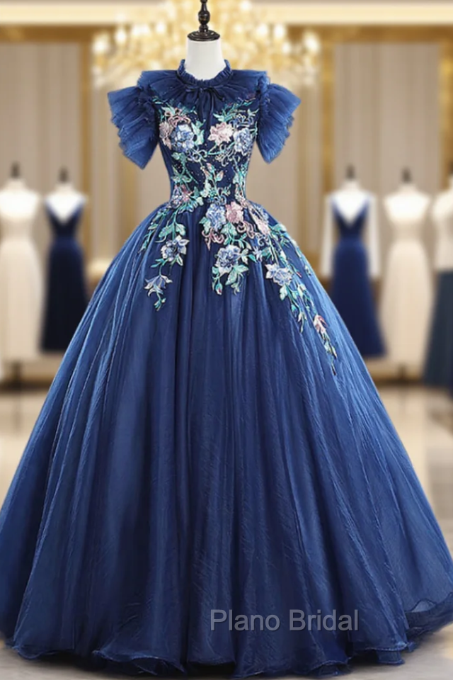 Check Out Entire Collection Navy Blue Ball Gown Tulle Embrodiery Backless Quinceanera Dresses Main image