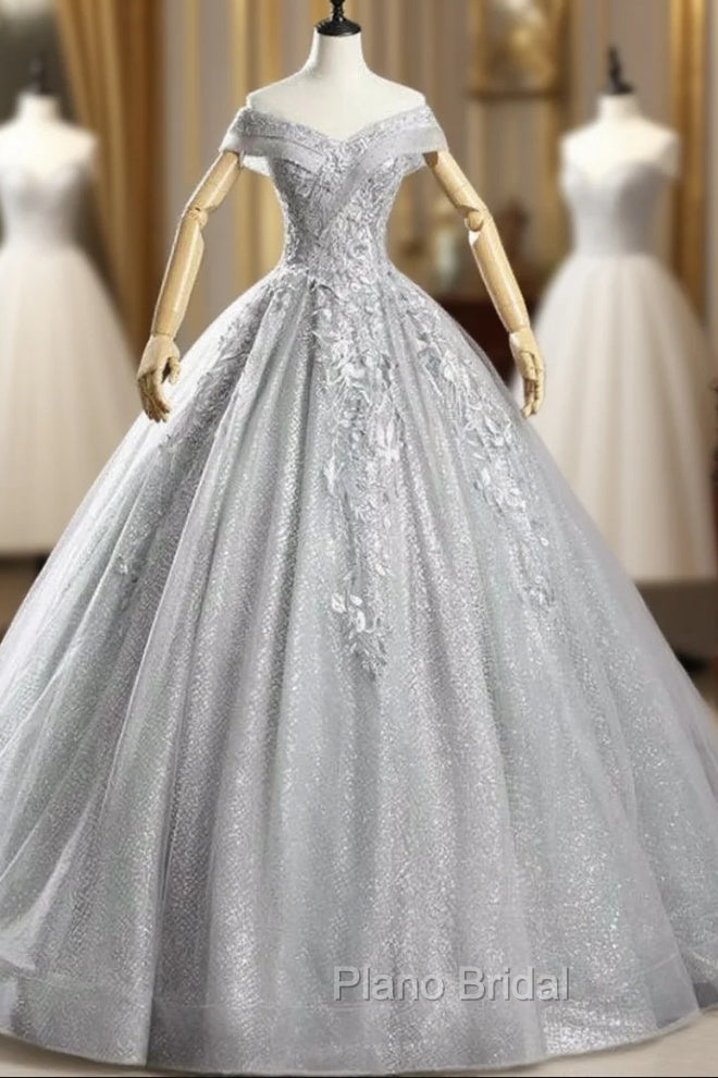 Check Out Entire Collection Silver Gray Sequins Appliques Off the Shoulder Quinceanera Dresses