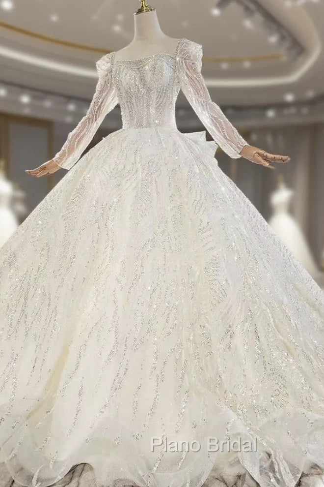 Check Out Entire Collection Tulle Sequins Long Sleeve Open Back Beading Wedding Dresses Main image