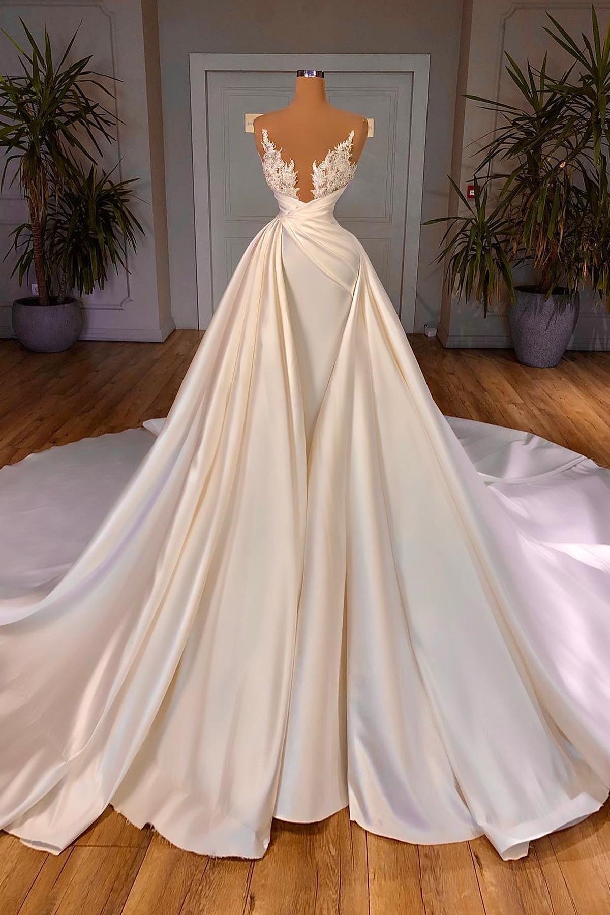 Chic A-Line Cathedral Sleeveless V-Neck Long Wedding Dress