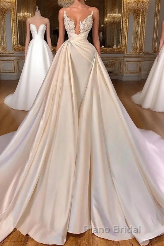 Chic A-Line Cathedral Sleeveless V-Neck Long Wedding Dress Main image