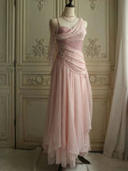 Sweet Elegant Pink Pearl Long Tulle Formal Prom Dresses Formal Evening Dresses Party Dresses