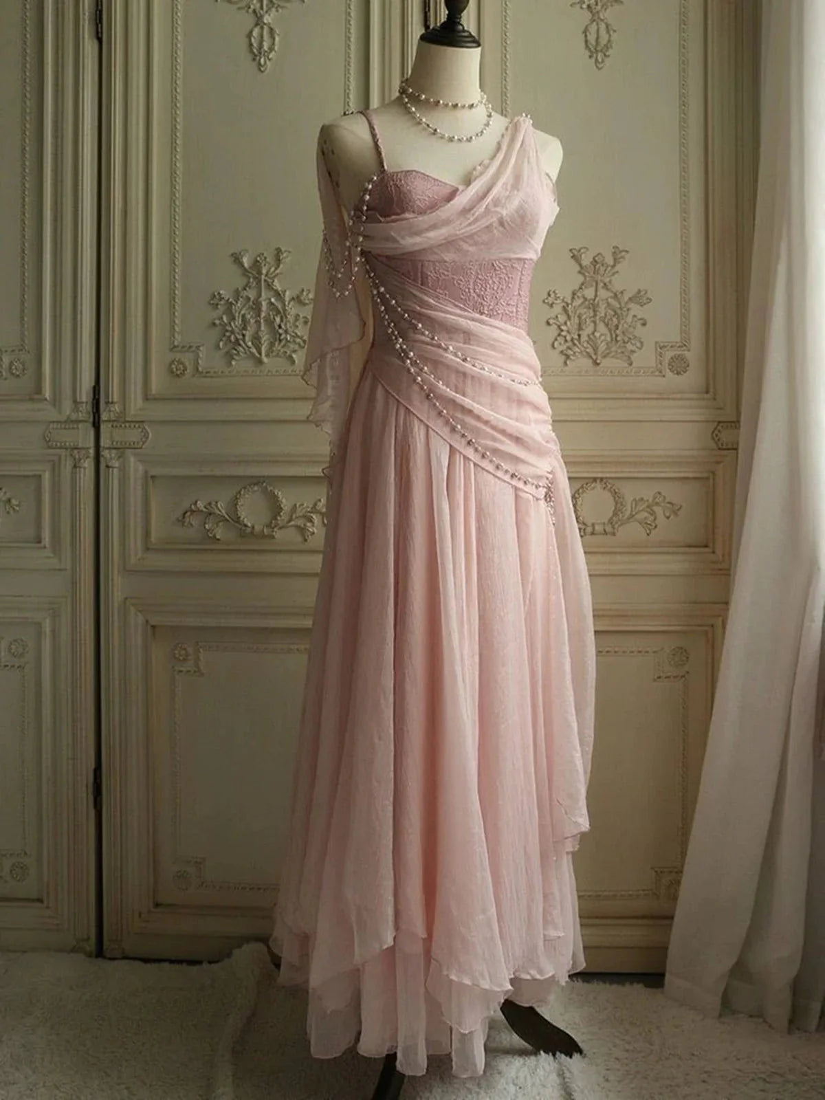 Sweet Elegant Pink Pearl Long Tulle Formal Prom Dresses Formal Evening Dresses Party Dresses
