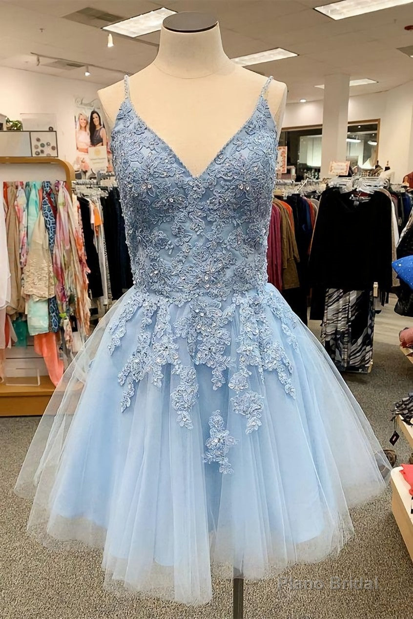 Chic A-line Light Blue Tulle Homecoming Dress With Lace Appliques,Cocktail Dress,Semi Formal Dresses Main image