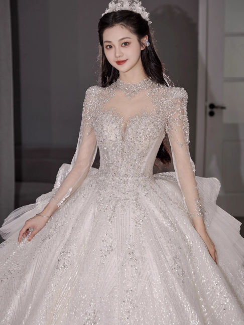 Chic A-Line Long Wedding Dresses Tulle  White Bridal Gowns Long Sleeves Bridal Dresses