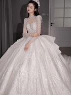 Chic A-Line Long Wedding Dresses Tulle  White Bridal Gowns Long Sleeves Bridal Dresses