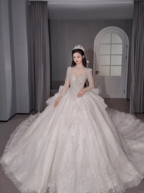Chic A-Line Long Wedding Dresses Tulle  White Bridal Gowns Long Sleeves Bridal Dresses Main image