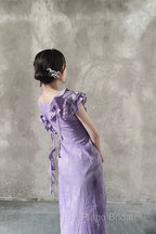 Chic A Line Scoop Lilac Long Formal Prom Dresses Birthday Dresses With Ruffles