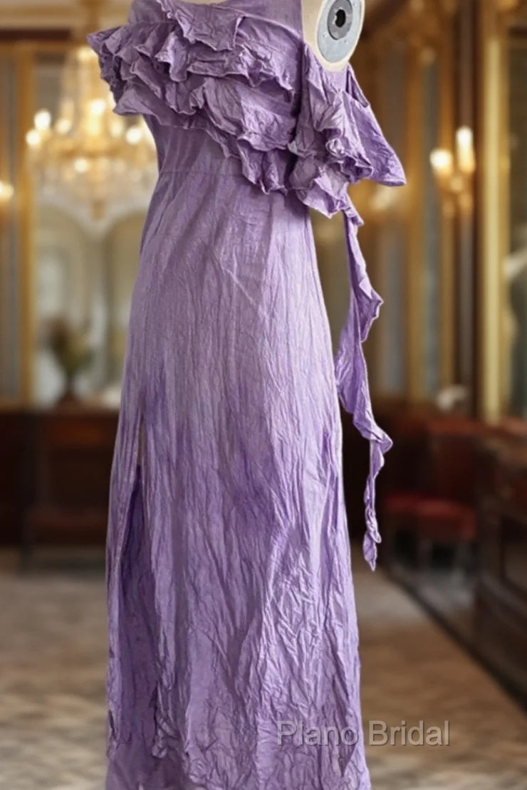 Chic A Line Scoop Lilac Long Formal Prom Dresses Birthday Dresses With Ruffles Main image