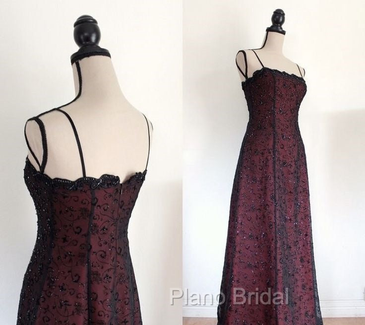 Chic A Line Spaghetti Straps Burgundy Tulle Evening Dresses Long Formal Prom Dresses