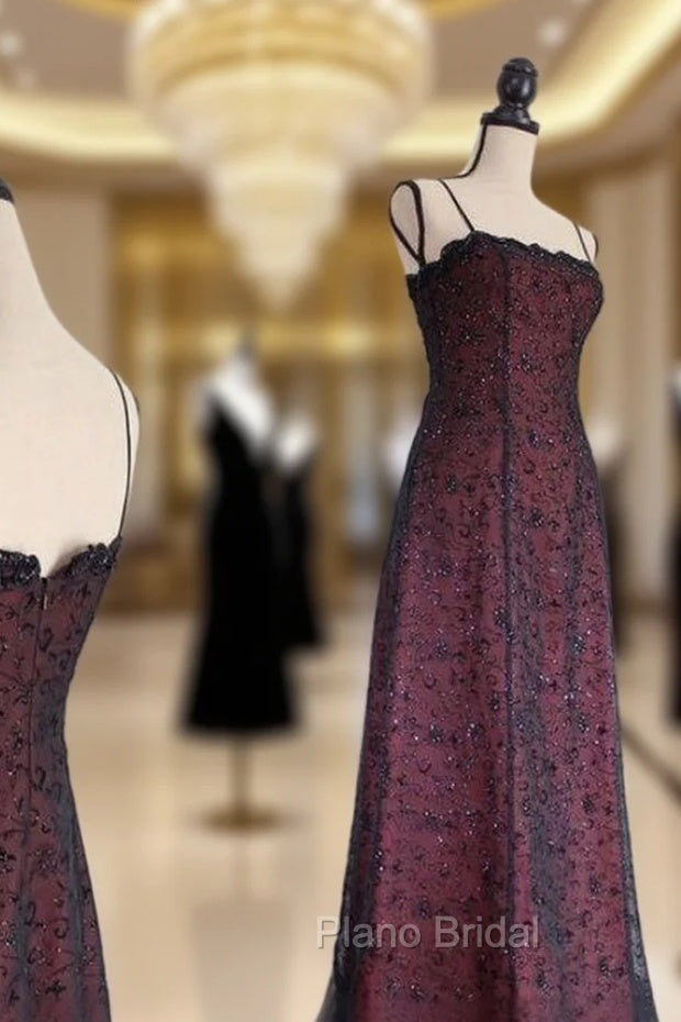 Chic A Line Spaghetti Straps Burgundy Tulle Evening Dresses Long Formal Prom Dresses Main image