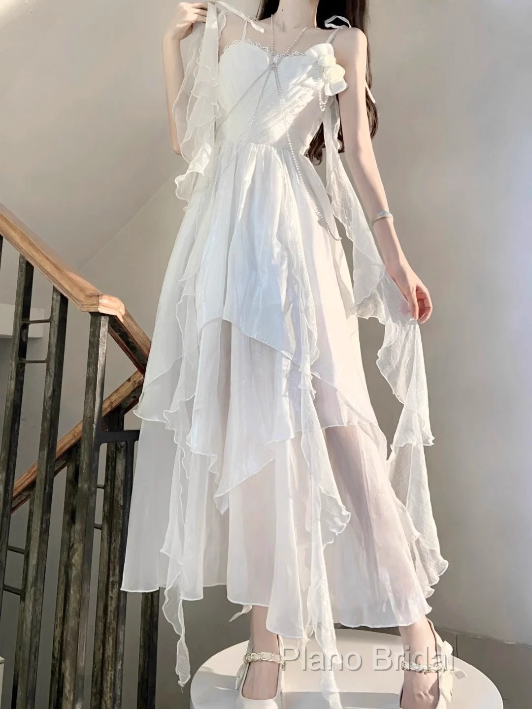 Chic A Line Spaghetti Straps Chiffon White Ankle Length Birthday Dresses Birthday Outfits Secondary image