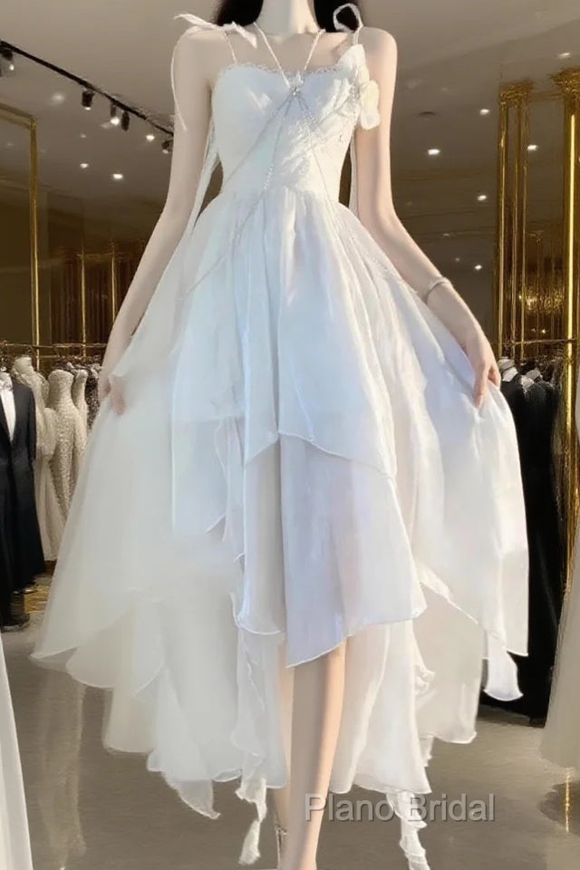 Chic A Line Spaghetti Straps Chiffon White Ankle Length Birthday Dresses Birthday Outfits Main image