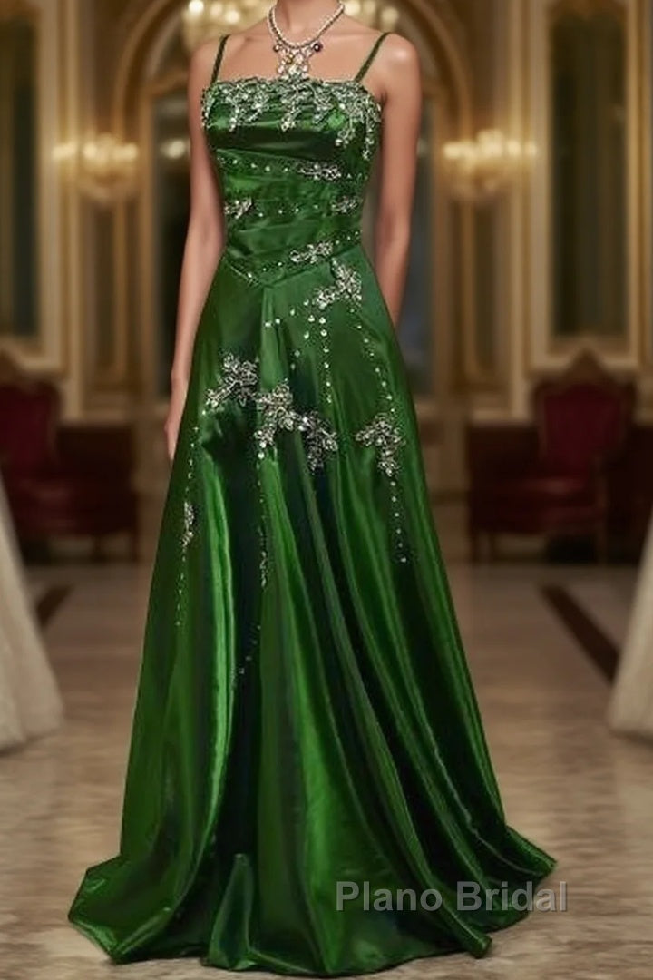 Chic A Line Spaghetti Straps Green Satin Evening Dresses Long Formal Prom Dresses Main image