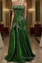 Chic A Line Spaghetti Straps Green Satin Evening Dresses Long Formal Prom Dresses