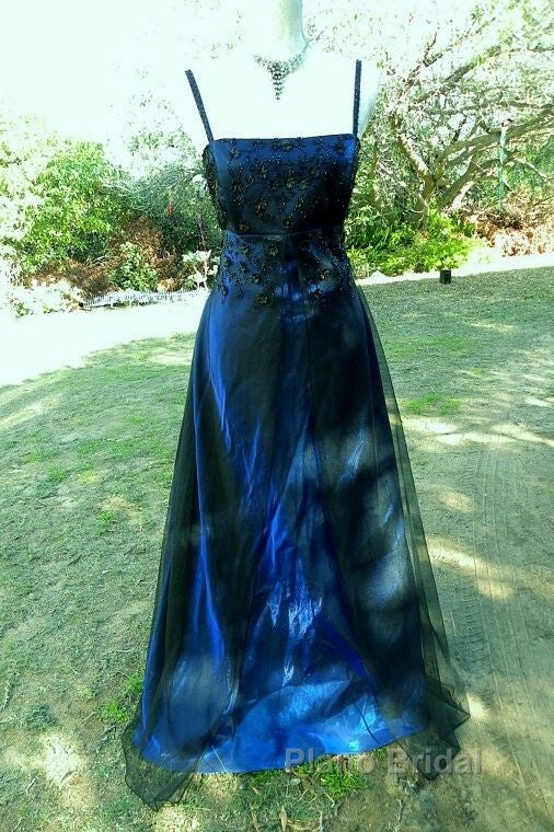 Chic A Line Spaghetti  Straps Navy Blue Tulle Evening Dresses Long Formal Prom Dresses Secondary image