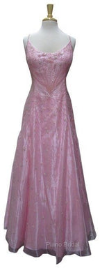 Chic A Line Spaghetti Straps Pink Long Evening Dresses Beads Long Formal Prom Dresses