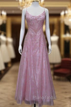 Chic A Line Spaghetti Straps Pink Long Evening Dresses Beads Long Formal Prom Dresses