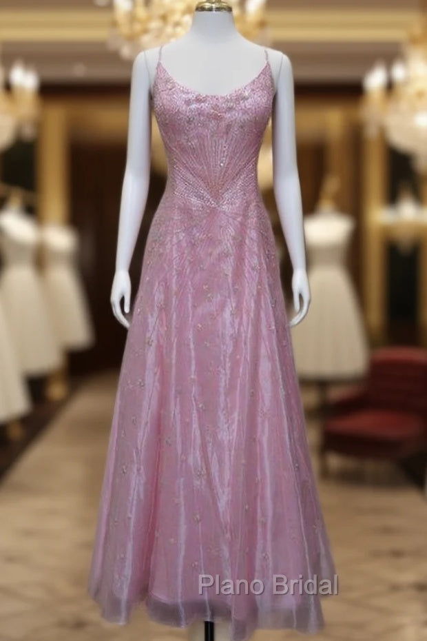 Chic A Line Spaghetti Straps Pink Long Evening Dresses Beads Long Formal Prom Dresses