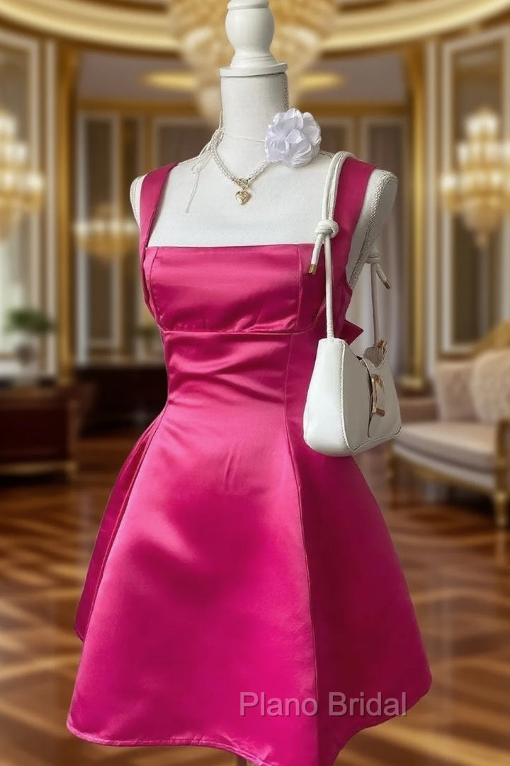 Chic A line Square Neckline Hot Pink Satin Short Party Dresses Homecoming Dresses Main image