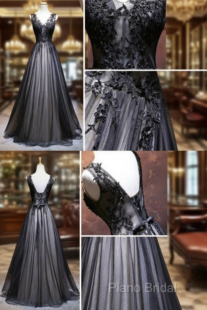 Chic A-Line V-Neck Floor Length Tulle Black Applique Long Formal Prom Dresses Formal Dresses Main image