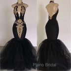 Chic Backless Formal Prom Dresses with Gold Appliques Mermaid Halter Evening Gowns with Keyhole