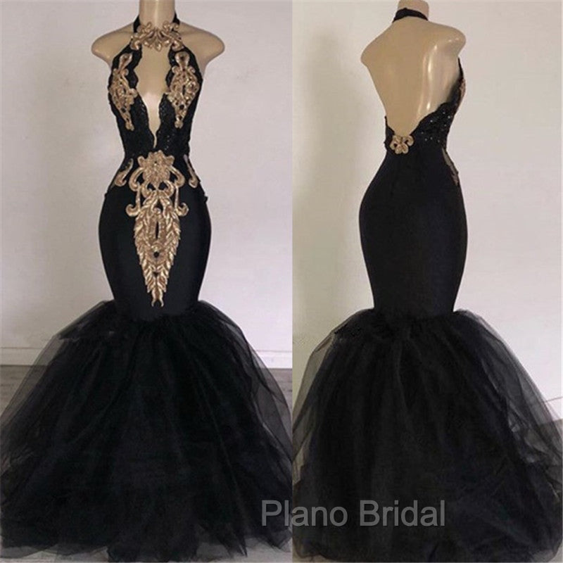 Chic Backless Formal Prom Dresses with Gold Appliques Mermaid Halter Evening Gowns with Keyhole