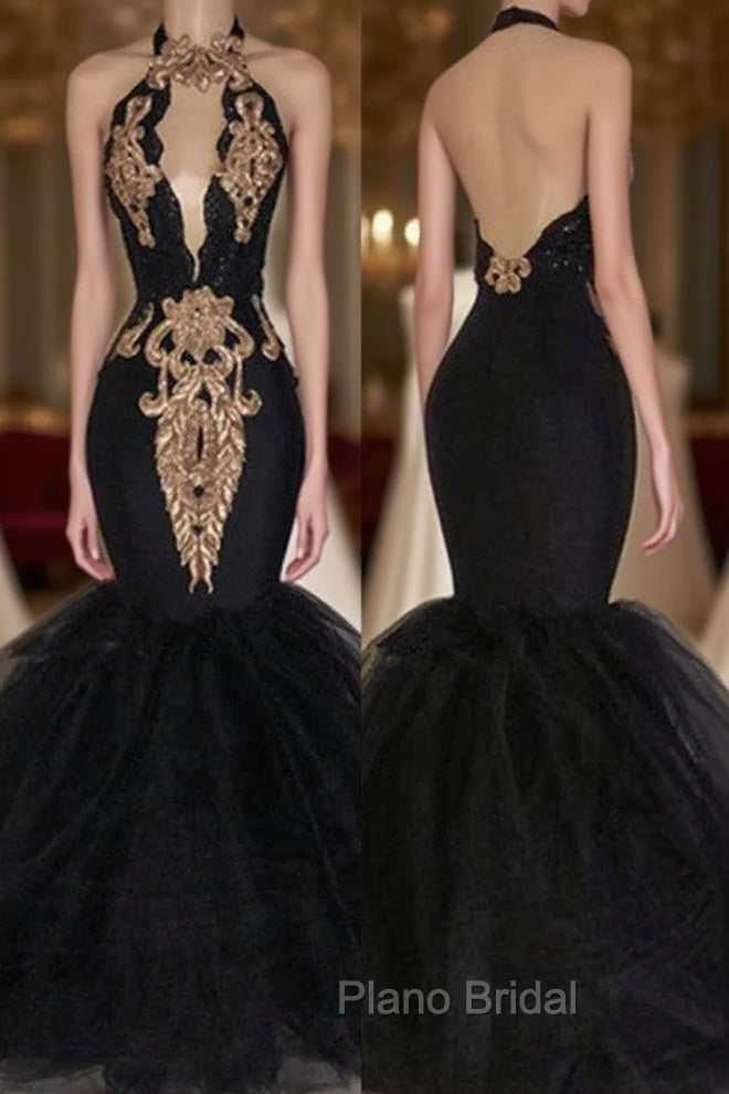 Chic Backless Formal Prom Dresses with Gold Appliques Mermaid Halter Evening Gowns with Keyhole Main image