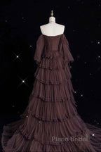 Chic Ball Gown Off The Shoulder Long Sleeves Evening Dresses Tulle Long Formal Prom Dresses