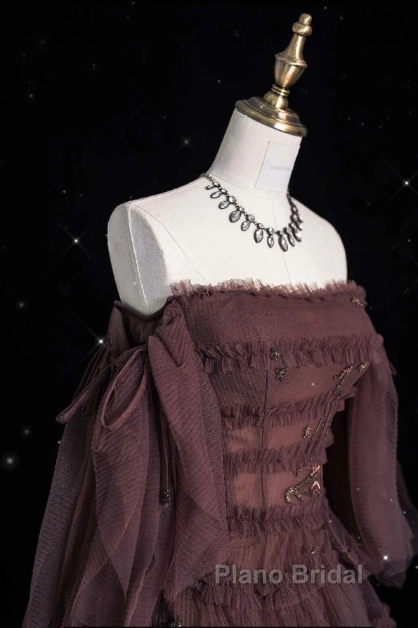 Chic Ball Gown Off The Shoulder Long Sleeves Evening Dresses Tulle Long Formal Prom Dresses