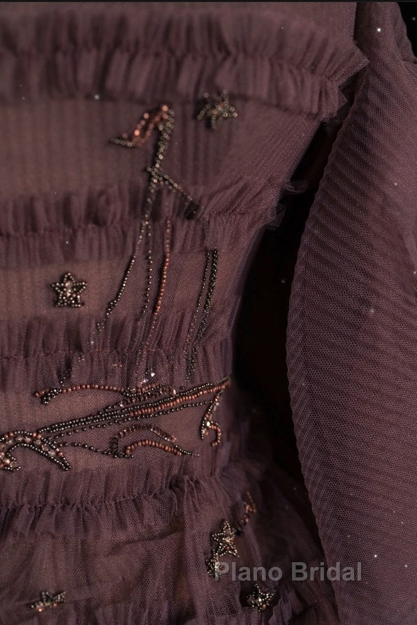 Chic Ball Gown Off The Shoulder Long Sleeves Evening Dresses Tulle Long Formal Prom Dresses