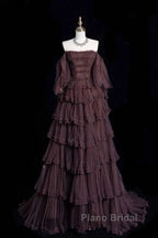 Chic Ball Gown Off The Shoulder Long Sleeves Evening Dresses Tulle Long Formal Prom Dresses