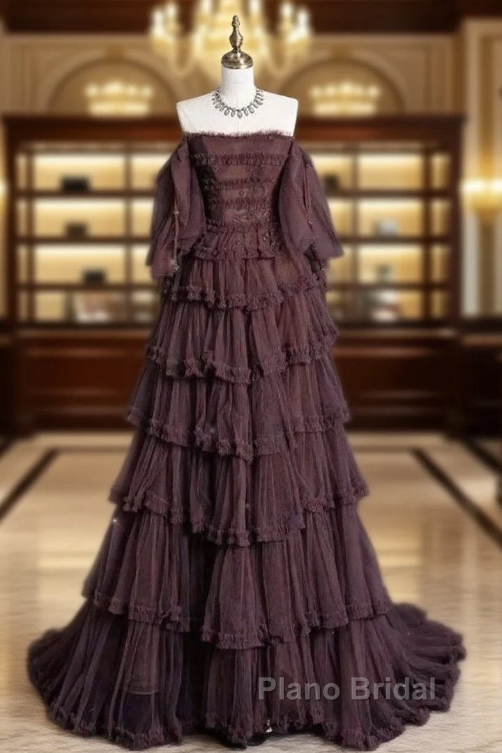 Chic Ball Gown Off The Shoulder Long Sleeves Evening Dresses Tulle Long Formal Prom Dresses Main image