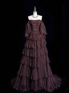 Chic Ball Gown Off The Shoulder Long Sleeves Formal Evening Dresses Tulle Long Formal Prom Dresses