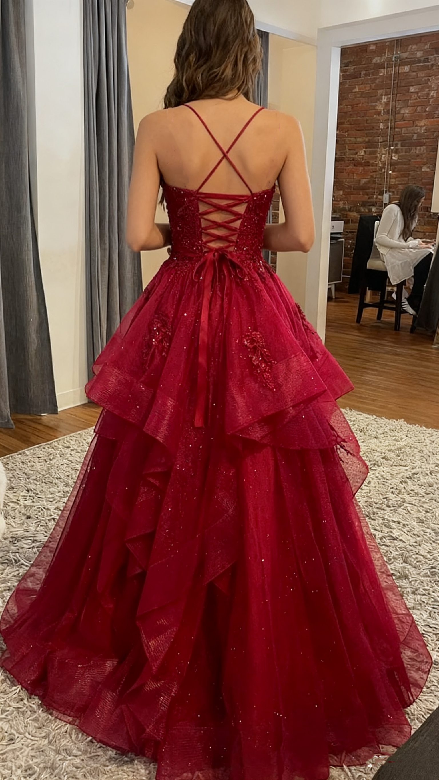 Chic Ball Gown Spaghetti Straps Burgundy Tulle Lace Long Formal Prom Dresses Formal Evening Formal Gowns