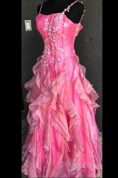 Chic Ball Gown Spaghetti Straps Pink Satin Formal Dresses Long Formal Prom Dresses With Embroidered