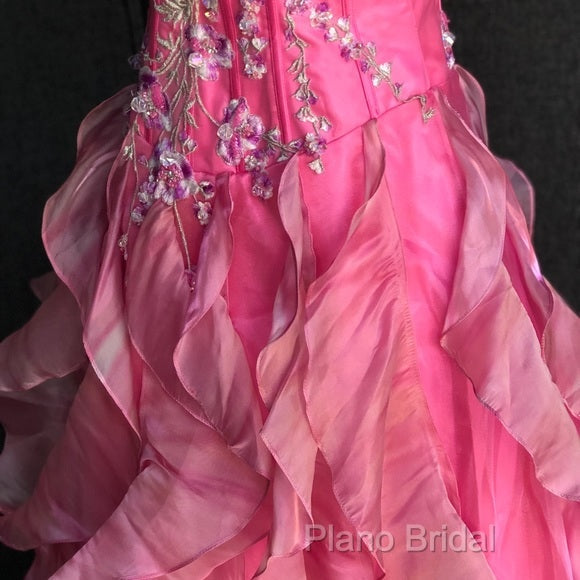 Chic Ball Gown Spaghetti Straps Pink Satin Formal Dresses Long Formal Prom Dresses With Embroidered