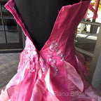 Chic Ball Gown Spaghetti Straps Pink Satin Formal Dresses Long Formal Prom Dresses With Embroidered