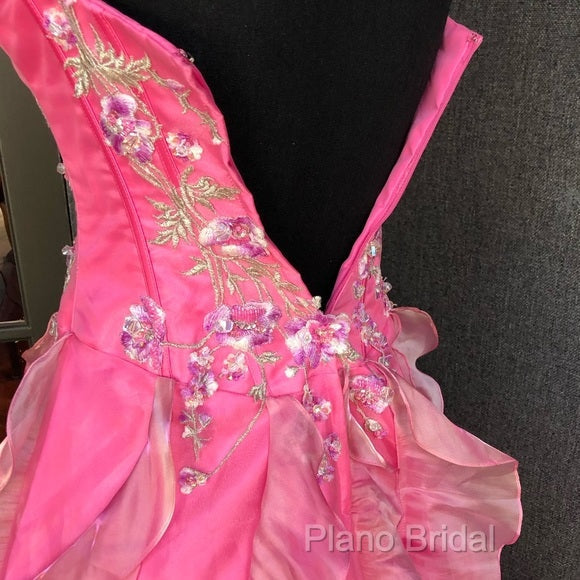 Chic Ball Gown Spaghetti Straps Pink Satin Formal Dresses Long Formal Prom Dresses With Embroidered
