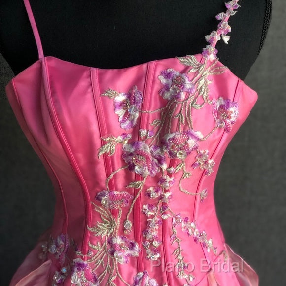 Chic Ball Gown Spaghetti Straps Pink Satin Formal Dresses Long Formal Prom Dresses With Embroidered