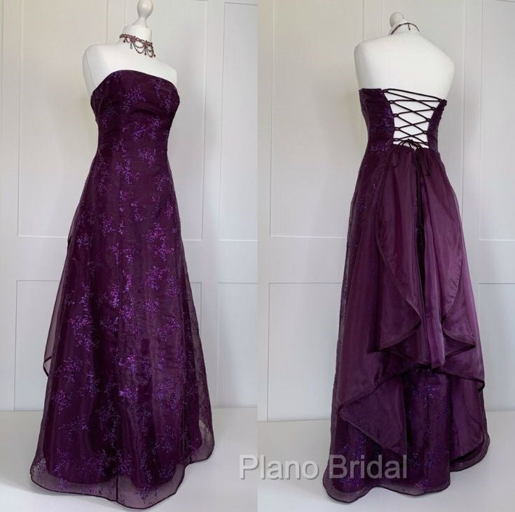 Chic Ball Gown Strapless Grape Tulle Evening Dresses Long Formal Prom Dresses