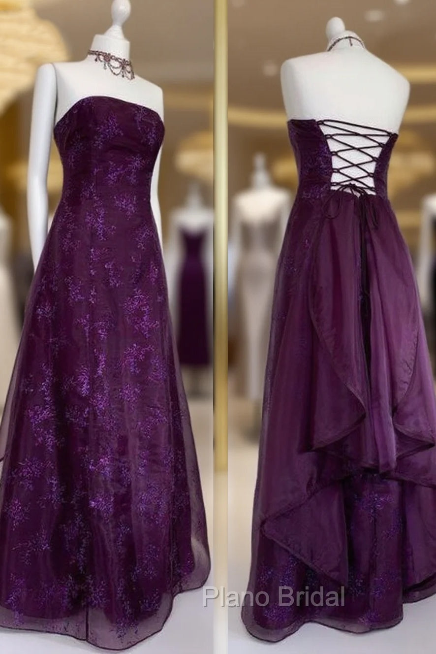 Chic Ball Gown Strapless Grape Tulle Evening Dresses Long Formal Prom Dresses Main image