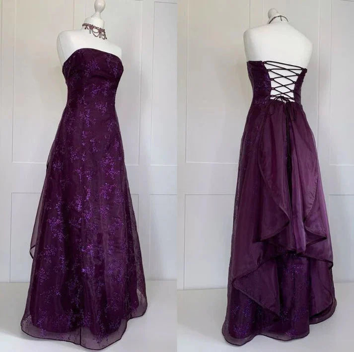 Chic Ball Gown Strapless Grape Tulle Formal Evening Dresses Long Formal Prom Dresses Main image