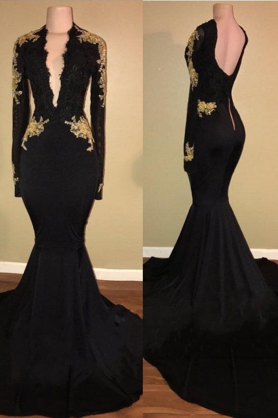 Chic Black And Gold Prom Dresses Deep V-Neck Long Sleevess Evening Gowns Secondary image
