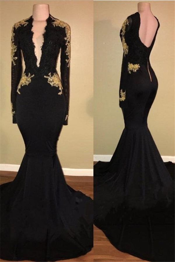 Chic Black And Gold Prom Dresses Deep V-Neck Long Sleevess Evening Gowns Main image
