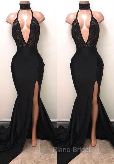 Chic Black High Neck Lace Front Split Mermaid Formal Prom Party Gowns Secondary image