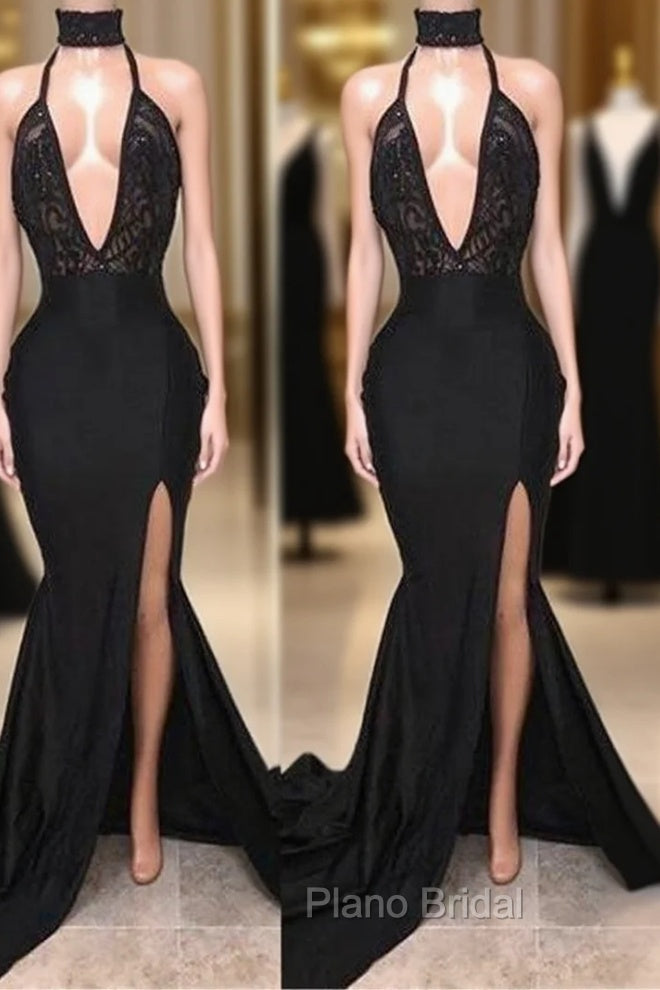 Chic Black High Neck Lace Front Split Mermaid Formal Prom Party Gowns Main image