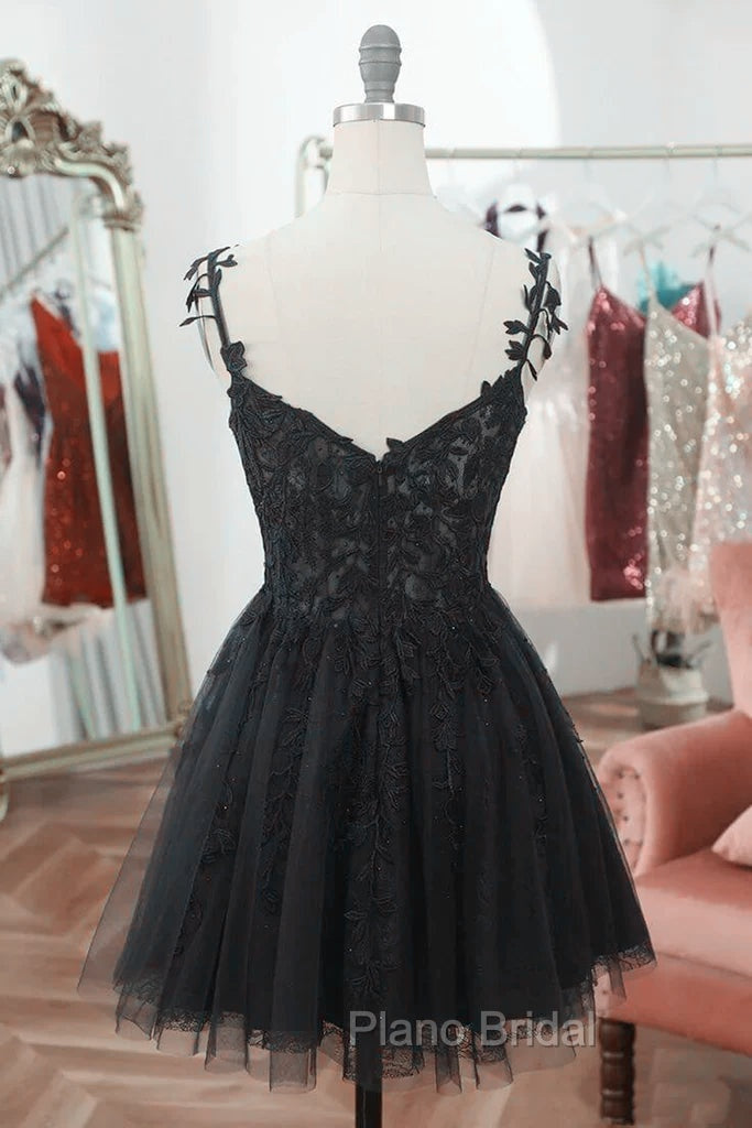 Chic Black Lace Straps Tulle Short Party Drss, Black Sweetheart Homecoming Dresses Secondary image