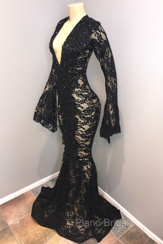 Chic Black Lace V-neck Long Sleevess Mermaid Formal Prom Dresses Sheer Floor Length Evening Gowns Secondary image