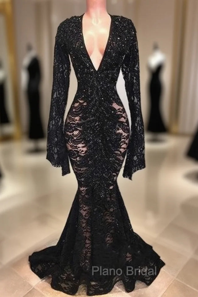 Chic Black Lace V-neck Long Sleevess Mermaid Formal Prom Dresses Sheer Floor Length Evening Gowns Main image